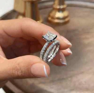 1,86 Ctw Prinzessin Cut Moissanit Braut Set Verlobungsring 14K weiß vergoldet - Bild 1 von 5
