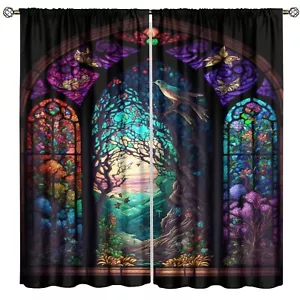 Stained Glass Blackout Window Curtains, Autumn Forest Mosaic Art Beautiful Na... - Picture 1 of 8