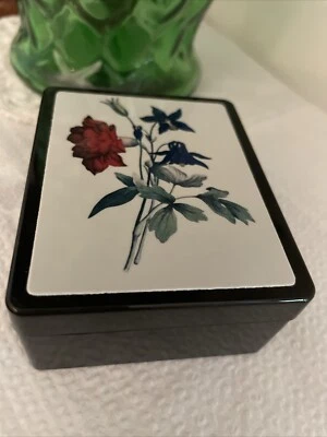 Sm Floral Botanical Trinket Tally Box Columbine Rose Print John Weik 1800’s - Image 1 of 4