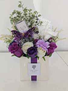 Bouquet Box Birthday Purple Silk Flowers & Earrings - Gift Hamper - Picture 1 of 3