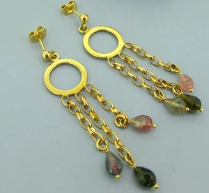 14k Yellow Gold Multicolor Tourmaline Briolette Cut Dangle/Droop Earrings - Picture 1 of 5