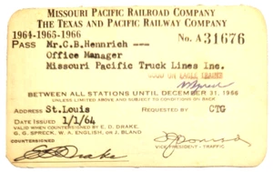 Missouri Pacific Railroad Co 1964-1966 Office Manager Pass Train Ticket - Picture 1 of 2