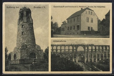 AK Brockau i. V., Gasthaus und Fleischerei E. Mehlhorn, Göltzschtalbrücke, Kuhb  - Bild 1 von 2