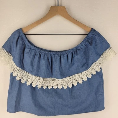 Nuevo con etiquetas Top Corto Papaya Chambray Encaje Talla M Azul Boho Festival  Foto 1 de 4