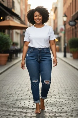 Boohoo Mom Blue Jeans Women's 16 High Waist Croped Distressed NEW - Image 1 of 4