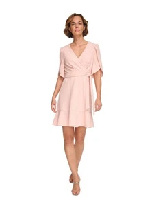 DKNY Womens Pink Tie-belt Hem Tulip Sleeve Above The Knee Fit + Flare Dress 4 - Picture 1 of 11