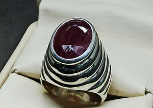 Oval Cut Dark Red Lab Created Ruby Sterling Silver 925 Handmade Yakoot Mens Ring - Picture 1 of 12