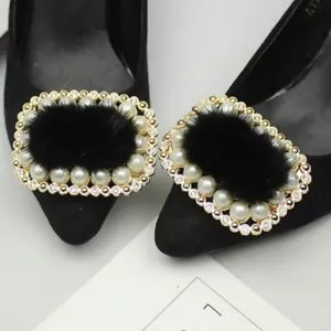 2 X Mink Fur Pom Pom Shoe Clip Buckle Furry Fluffy Diamante Pearl Ornament Adorn - Picture 1 of 25