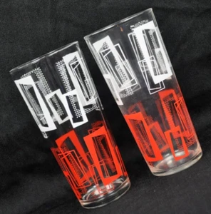 Vintage Drinking Glasses Mid Century Red White Rectangles Lot Of 2 - Picture 1 of 6