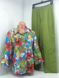 Dress Barn Ladies Multi-colored Top(10) And Solid Green Pant(8) Silk  Pant Suit. - Picture 1 of 12