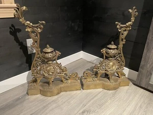 Pair of 19th Century French Bronze Fireplace Chenets Andirons Firedogs Rococo - Picture 1 of 13