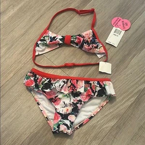 Betsy Johnson Girls 4T NWT Red Black Pink Floral Bikini Ruffle Bottom UPF 50+ - Picture 1 of 8