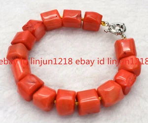 Natural 12-14mm Orange Sea Coral Gemstone Beads Bracelet Bangle 7.5'' AAA - Picture 1 of 12