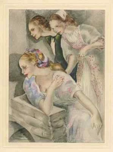 Mariette LYDIS - NEUGIERIGE FRAUEN & MÄDCHEN 1935 OriginalFarbLithographie - Picture 1 of 1