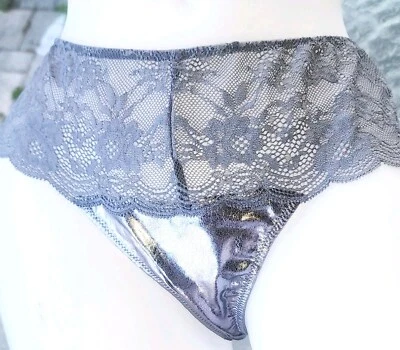 Victorias Secret L 罕见复古 ❤️ 人造皮革 Pewter Shine 蕾丝丁字裤内裤 — 第 1/2 张图片