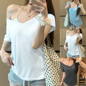 Fashionable Loose Off Shoulder V Neck T Shirts for Women Short Sleeves - Picture 1 of 16