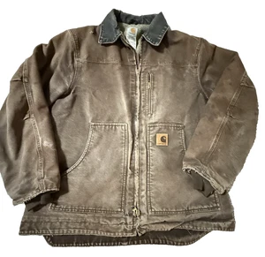 Carhartt Sherpa Fleece Lined Jacket Duck Canvas Men Large Brown Work C81 DKB - Picture 1 of 15