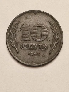 1941 🇳🇱 NETHERLAND 10 CENTS WORLD COIN KM173 WWII TULIPS VF+ DETAILS FREE SHIP - Picture 1 of 2