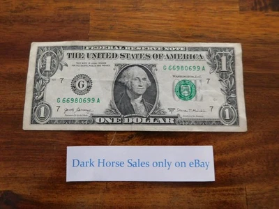 Lucky US $1 Dollar bill in circulated currency 3-6s 3-9s in serial number G69Az. - Image 1 of 2