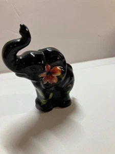 Fenton Black Glass Elephant with Trunk Up Painted and Signed M Young 4" - Picture 1 of 6