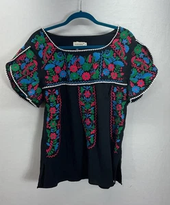 Blusa Mexicana Mujer L Bordada Floral Campesina Boho Festival Negra - Imagen 1 de 9