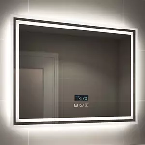 EMKE Bluetooth LED Bathroom Mirror Lights With Shaver Socket Clock 800 x 600 mm - Picture 1 of 12