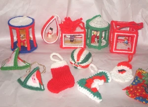 Vintage Hand Made 3D Plastic Canvas Knitted & crochet Christmas Ornament Lot Fun - Picture 1 of 12
