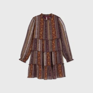 Art Class Girls' Mock Neck Chiffon Long Sleeve Dress Maroon Ruffles Floral L - Picture 1 of 6