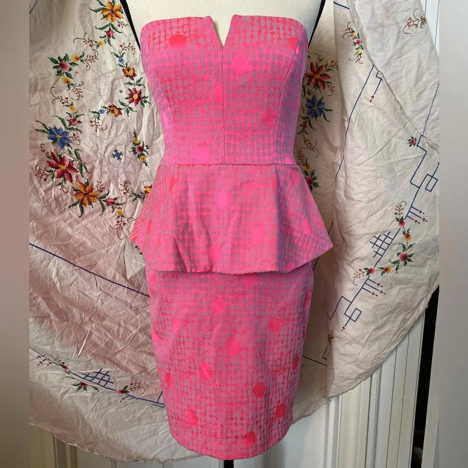 Vintage Nicole Miller Hot Pink Polka Dot Peplum Mini Dress - Image 1 of 4