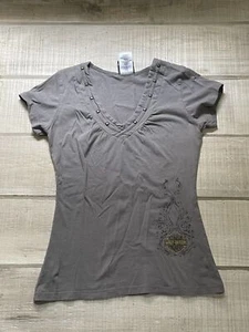 Women’s Harley Davidson Shirt Gray Grey Deep V with studs Darlington - Picture 1 of 7