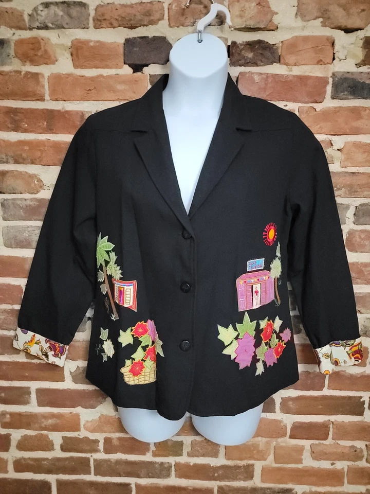 Hearts Of Palm Blazer Jacket Women 12 Black Embroidered Floral Single Breasted - Image 1 of 4