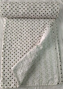 Indian Hand block Print Kantha Quilt,blanket Cotton Queen Bedspread Gudari Throw - Picture 1 of 7