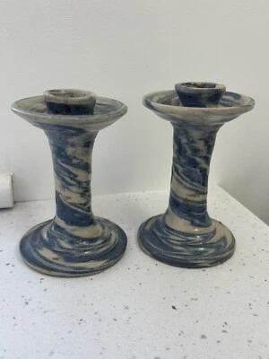 Pair Vintage Handmade Clay Blue Swirl Candle Holders  - Image 1 of 4