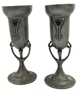 Antikes Jugendstil Paar große Zinn Vasen Kunsthandwerk um 1900 Cabochons - Bild 1 von 23