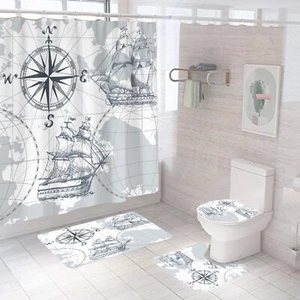 Sailboat Compass Shower Curtain Bathroom Rug Set Bath Mat Toilet Lid Cover - Picture 1 of 11