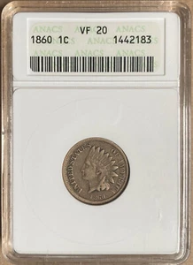 1860 ANACS VF20 Indian Head Cent 1c - Old Holder - Picture 1 of 2