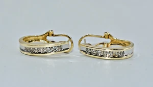 1/2 CT TW White Diamond 14 K Two-Tone Gold J-Hoop Earrings w/Omega Backs - Picture 1 of 17