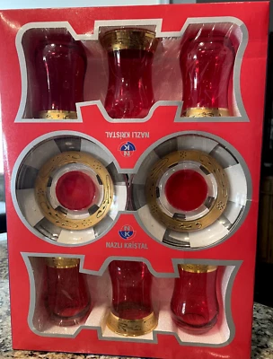Juego de 6 tazas y salsas turcas NAZLI KRISTAL 24Kt.  vidrio rojo/hecho a mano Foto 1 de 4