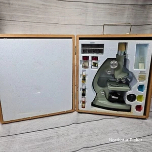 1970s Tasco Deluxe 1200x Microscope Set w/ Wood Carry Case 5E-1200Z - Picture 1 of 11