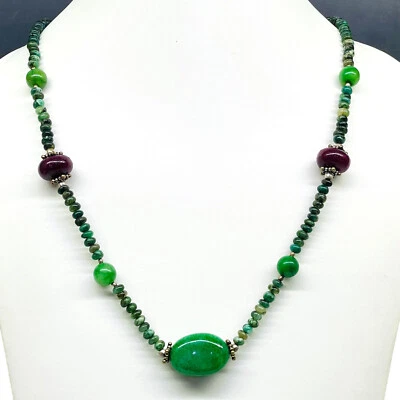 Natural Emerald & Ruby Designer Necklace Cabochon Beads 925 Silver Clasp - Image 1 of 4