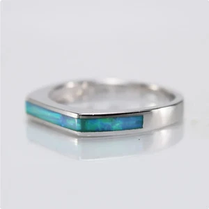 Blue Opal Size 7 Square 3mm Inlaid Band Ring Solid 925 Sterling Silver - Picture 1 of 9