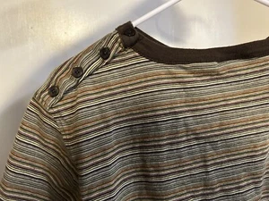 BDG Striped T-Shirt Size Men's L Brown/Green Retro with Shoulder Button Accents - Picture 1 of 3