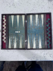 VTG Malachite Aztec Style Backgammon Wood Set Resin Faux Leather Complete Set - Picture 1 of 17