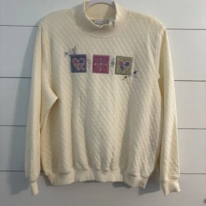 Vintage Alfred Dunner Sweater Womens Large 90s Embroidered Floral Heart Cottage - Picture 1 of 7