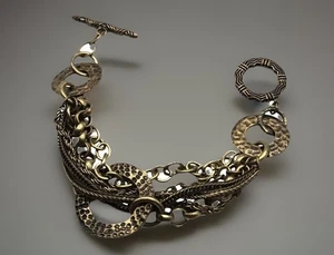 GOLD BRASS TONED MULTI STRAND HAMMERED CHAIN LINK TOGGLE CLASP BOHO CHARM - Picture 1 of 4