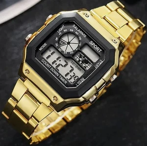 Gold YIKAZE Men's Stainless Steel Digital Watch ✨ Sports & Business UK - Picture 1 of 1