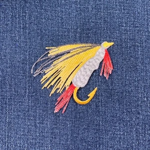 Fly Fishing Lure Applique Patch - Yellow Marabou Fish Embroidered Badge 3" - Picture 1 of 2