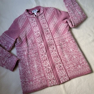 PENDLETON Rose Pink Fair Isle 100% Lambswool Zipper Cardigan Sweater Size Medium - Picture 1 of 15