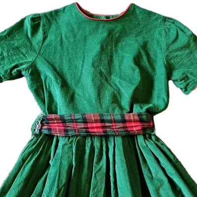 VTG 80s Funtasia Too Dallas Dress Girls Sz. 14 Green Corduroy Tartan Sash - Image 1 of 4