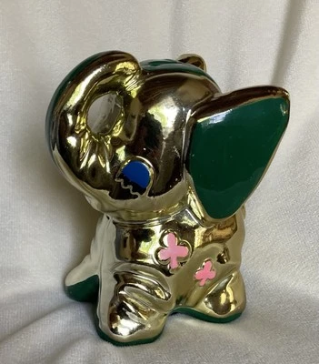 Ceramic Elephant Coin Bank Gold Green Painted VINTAGE Made In Japan - Image 1 of 4